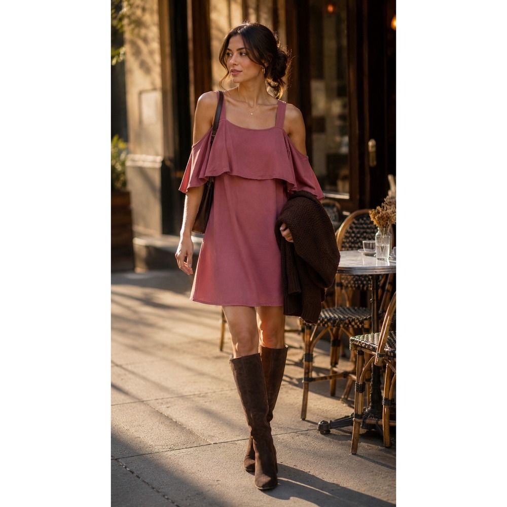 Wilfred Aritzia Ellipse Mini Dress XXS Dusty Rose Cold Shoulder Ruffle Minimalst
